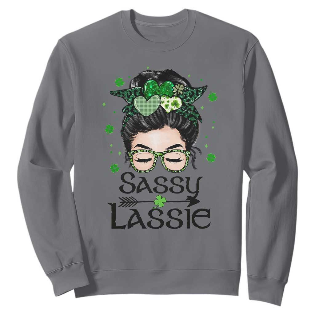 Lucky Sassy Lassie Messy Bun Sweatshirt Funny St Patricks Day TS02 Charcoal Print Your Wear