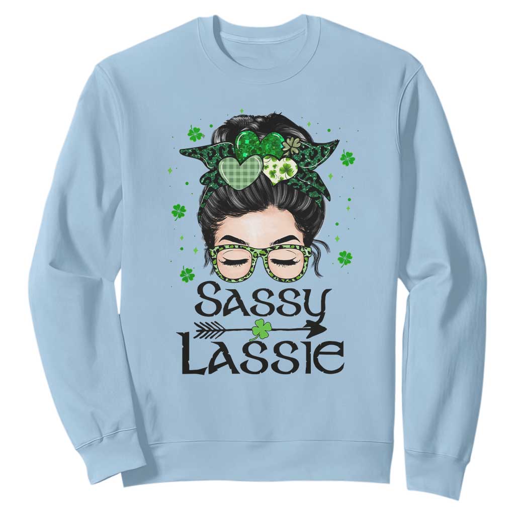 Lucky Sassy Lassie Messy Bun Sweatshirt Funny St Patricks Day TS02 Light Blue Print Your Wear