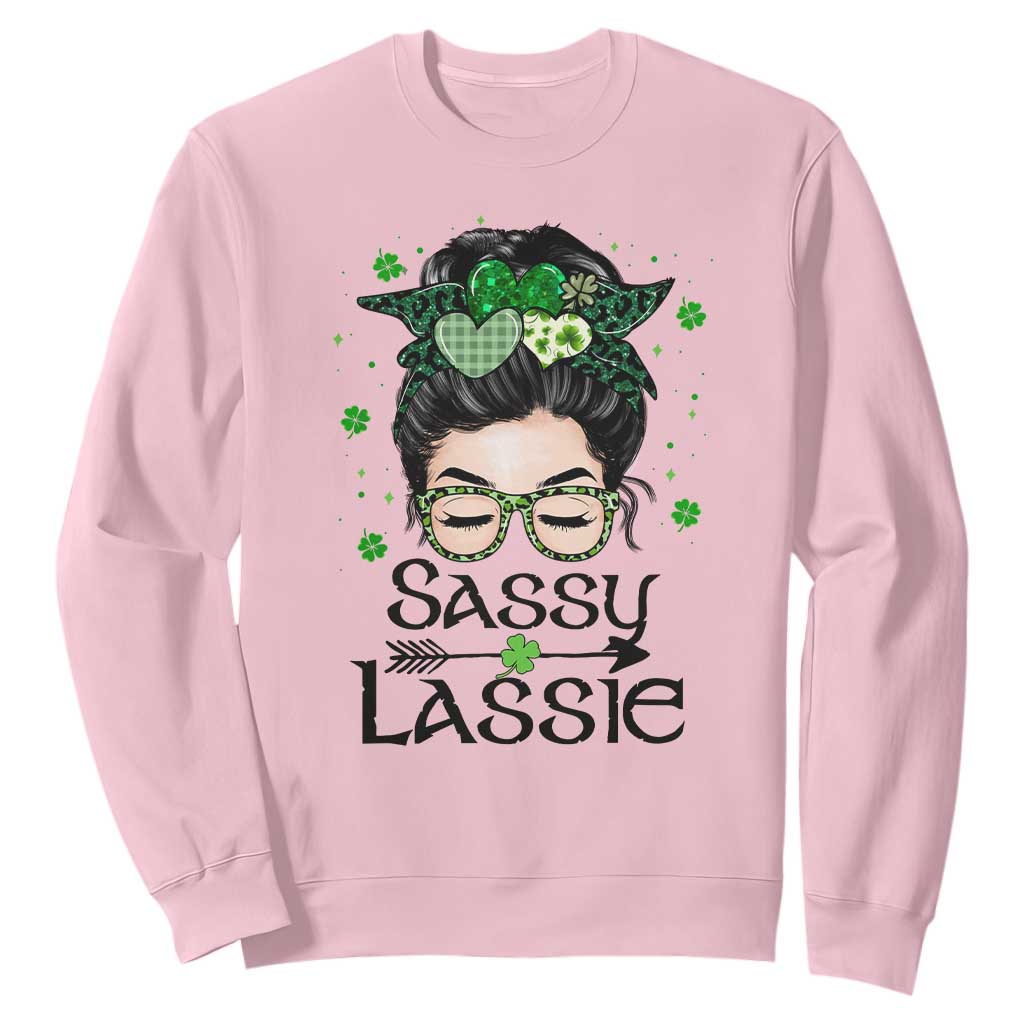 Lucky Sassy Lassie Messy Bun Sweatshirt Funny St Patricks Day TS02 Light Pink Print Your Wear
