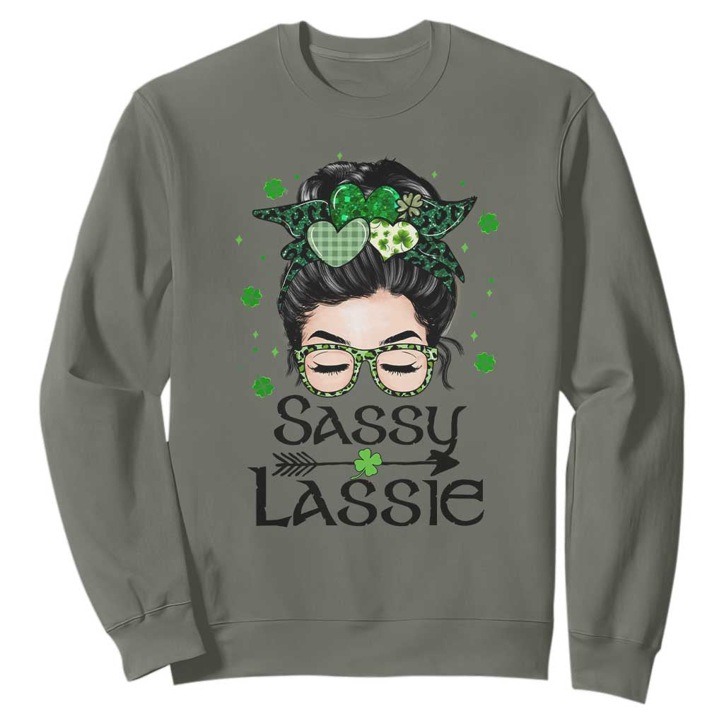 Lucky Sassy Lassie Messy Bun Sweatshirt Funny St Patricks Day TS02 Military Green Print Your Wear