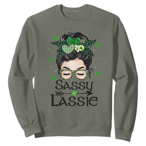 Lucky Sassy Lassie Messy Bun Sweatshirt Funny St Patricks Day TS02 Military Green Print Your Wear