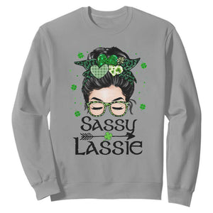 Lucky Sassy Lassie Messy Bun Sweatshirt Funny St Patricks Day TS02 Sport Gray Print Your Wear