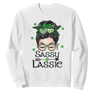 Lucky Sassy Lassie Messy Bun Sweatshirt Funny St Patricks Day TS02 White Print Your Wear
