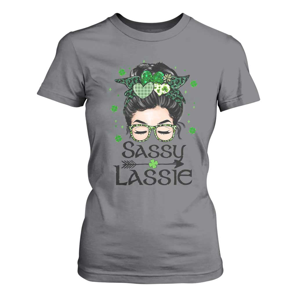 Lucky Sassy Lassie Messy Bun T Shirt For Women Funny St Patricks Day TS02 Charcoal Print Your Wear
