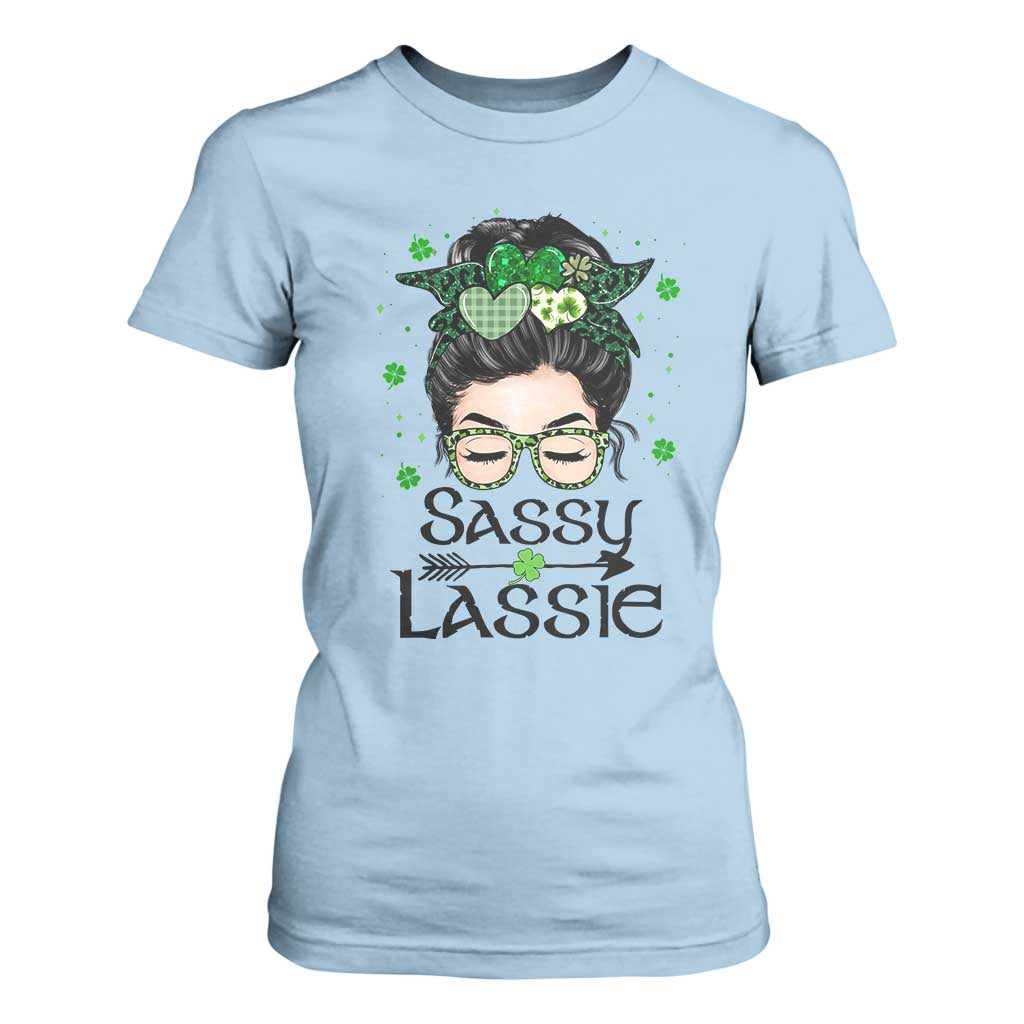 Lucky Sassy Lassie Messy Bun T Shirt For Women Funny St Patricks Day TS02 Light Blue Print Your Wear