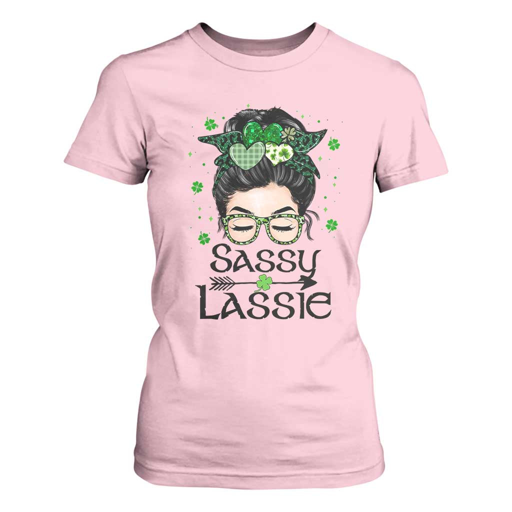 Lucky Sassy Lassie Messy Bun T Shirt For Women Funny St Patricks Day TS02 Light Pink Print Your Wear