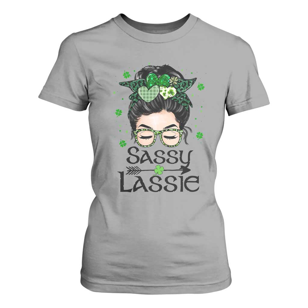 Lucky Sassy Lassie Messy Bun T Shirt For Women Funny St Patricks Day TS02 Sport Gray Print Your Wear