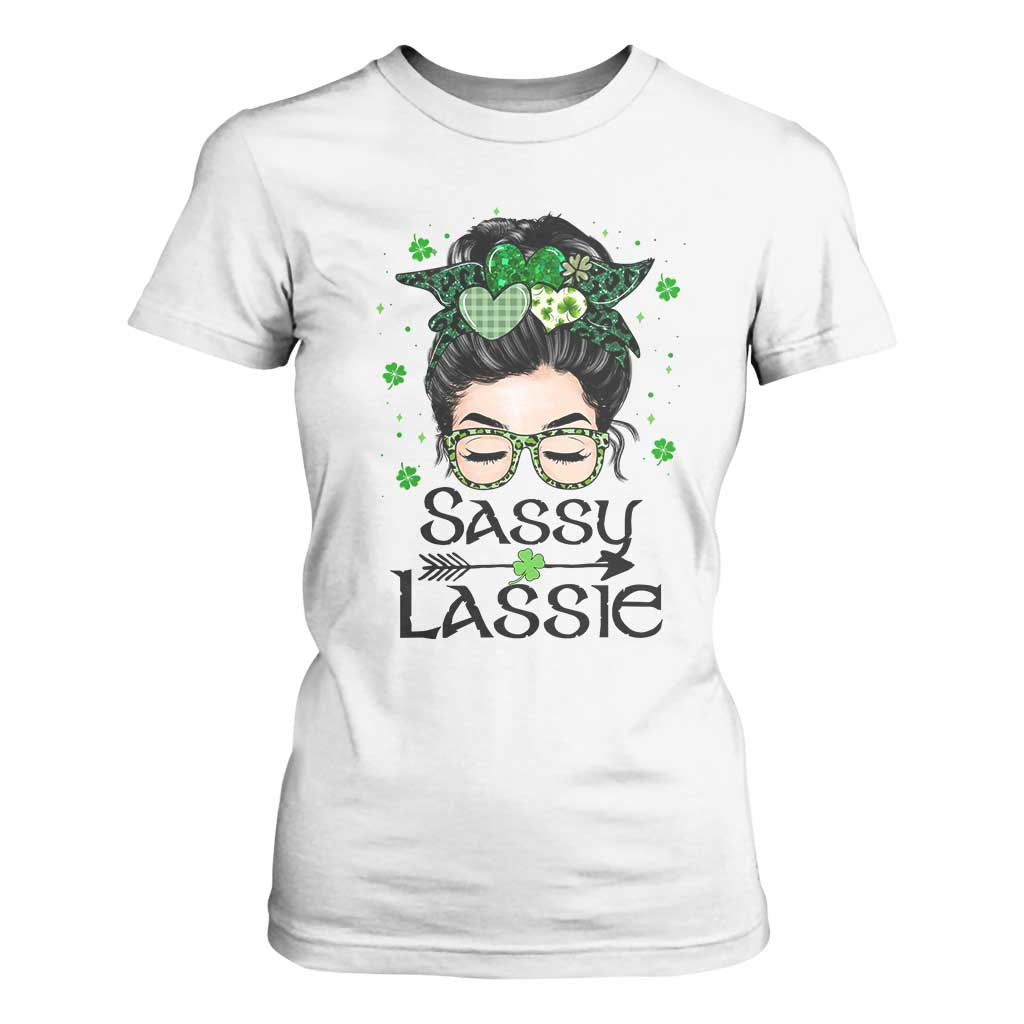 Lucky Sassy Lassie Messy Bun T Shirt For Women Funny St Patricks Day TS02 White Print Your Wear