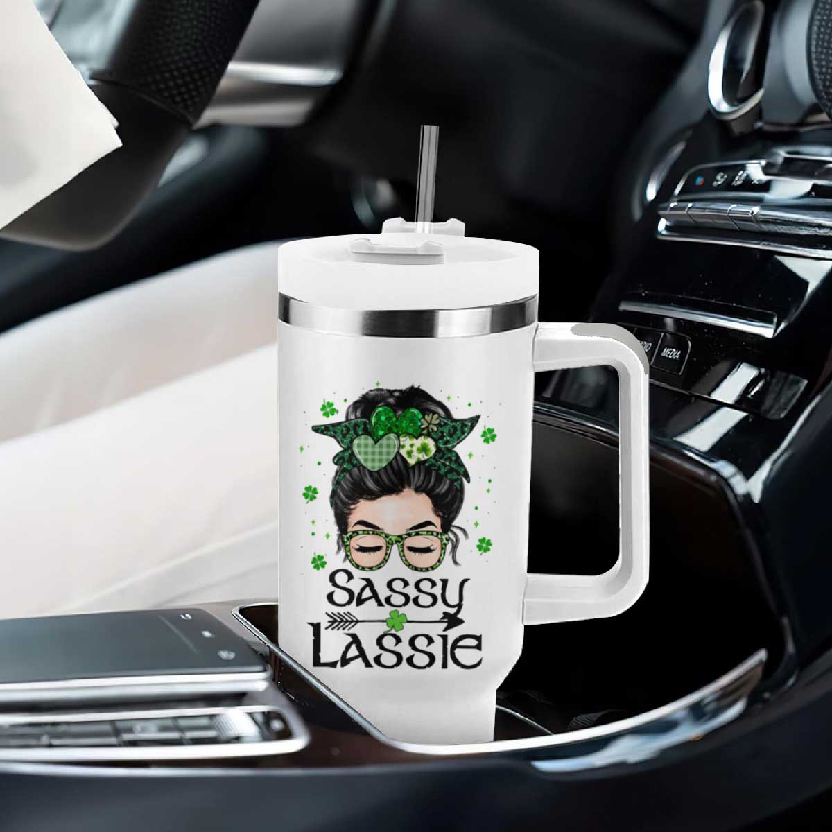 Lucky Sassy Lassie Messy Bun Tumbler With Handle Funny St Patricks Day TS02 Print Your Wear