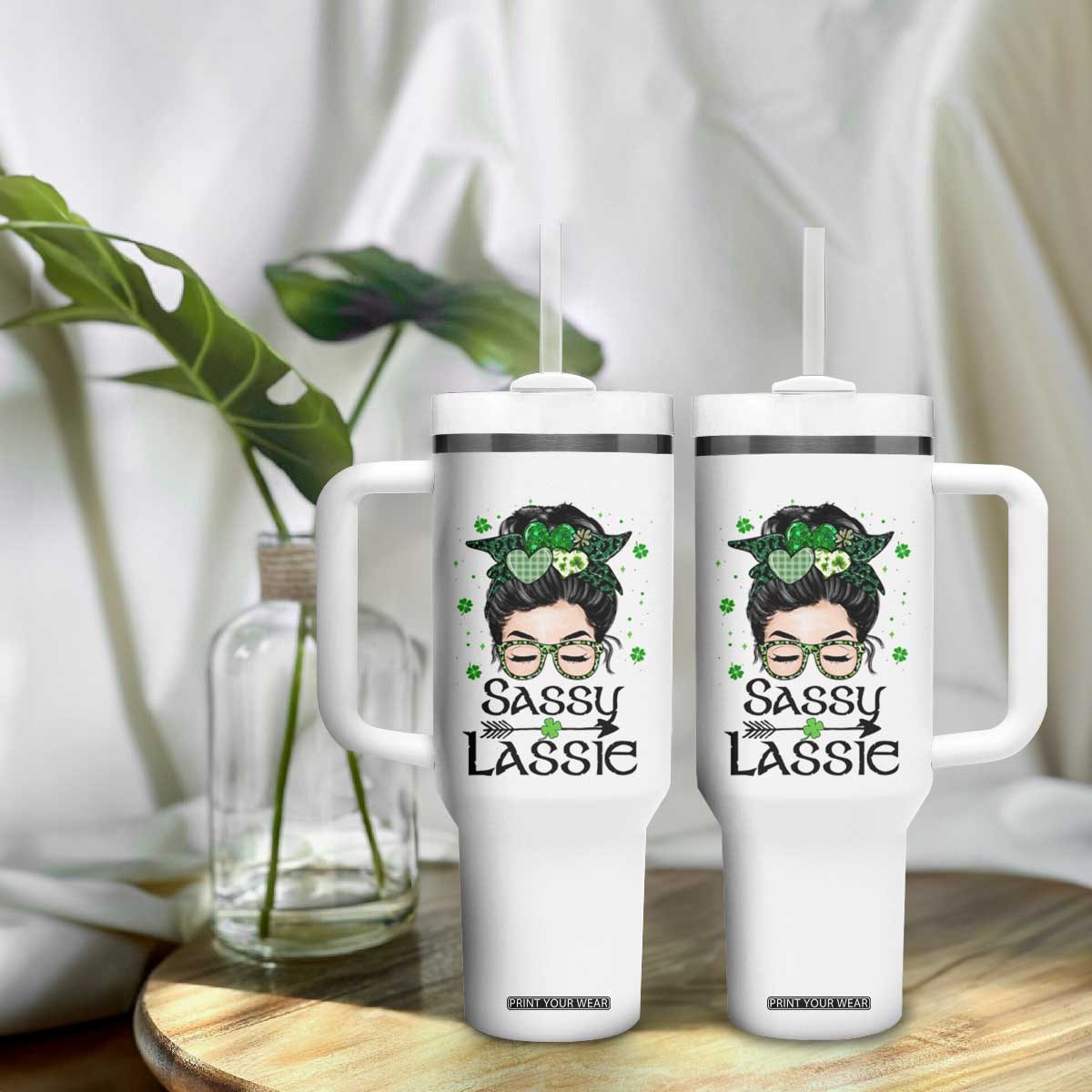 Lucky Sassy Lassie Messy Bun Tumbler With Handle Funny St Patricks Day TS02 Print Your Wear