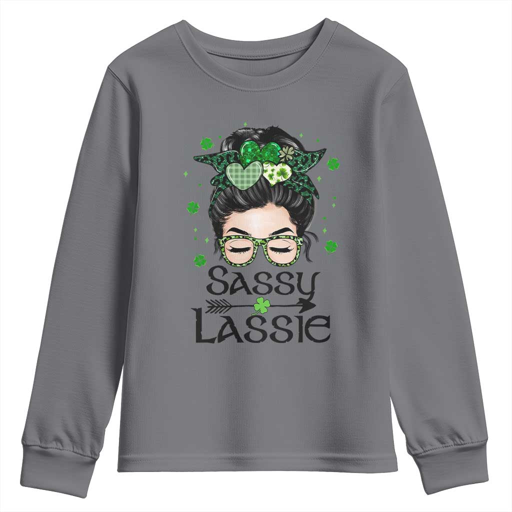 Lucky Sassy Lassie Messy Bun Youth Sweatshirt Funny St Patricks Day TS02 Charcoal Print Your Wear