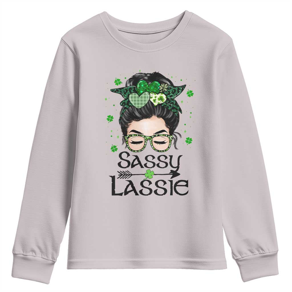 Lucky Sassy Lassie Messy Bun Youth Sweatshirt Funny St Patricks Day TS02 Ice Gray Print Your Wear