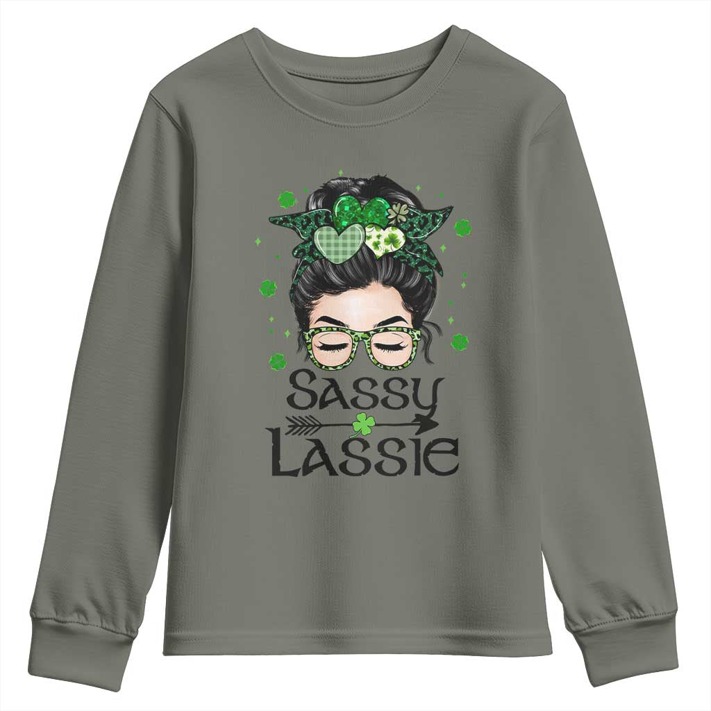 Lucky Sassy Lassie Messy Bun Youth Sweatshirt Funny St Patricks Day TS02 Military Green Print Your Wear