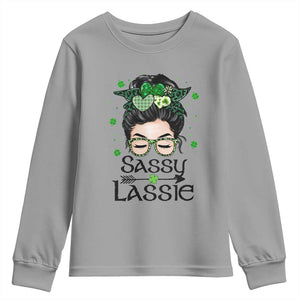 Lucky Sassy Lassie Messy Bun Youth Sweatshirt Funny St Patricks Day TS02 Sport Gray Print Your Wear