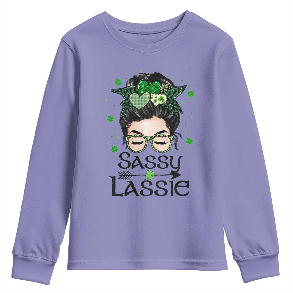 Lucky Sassy Lassie Messy Bun Youth Sweatshirt Funny St Patricks Day TS02 Violet Print Your Wear