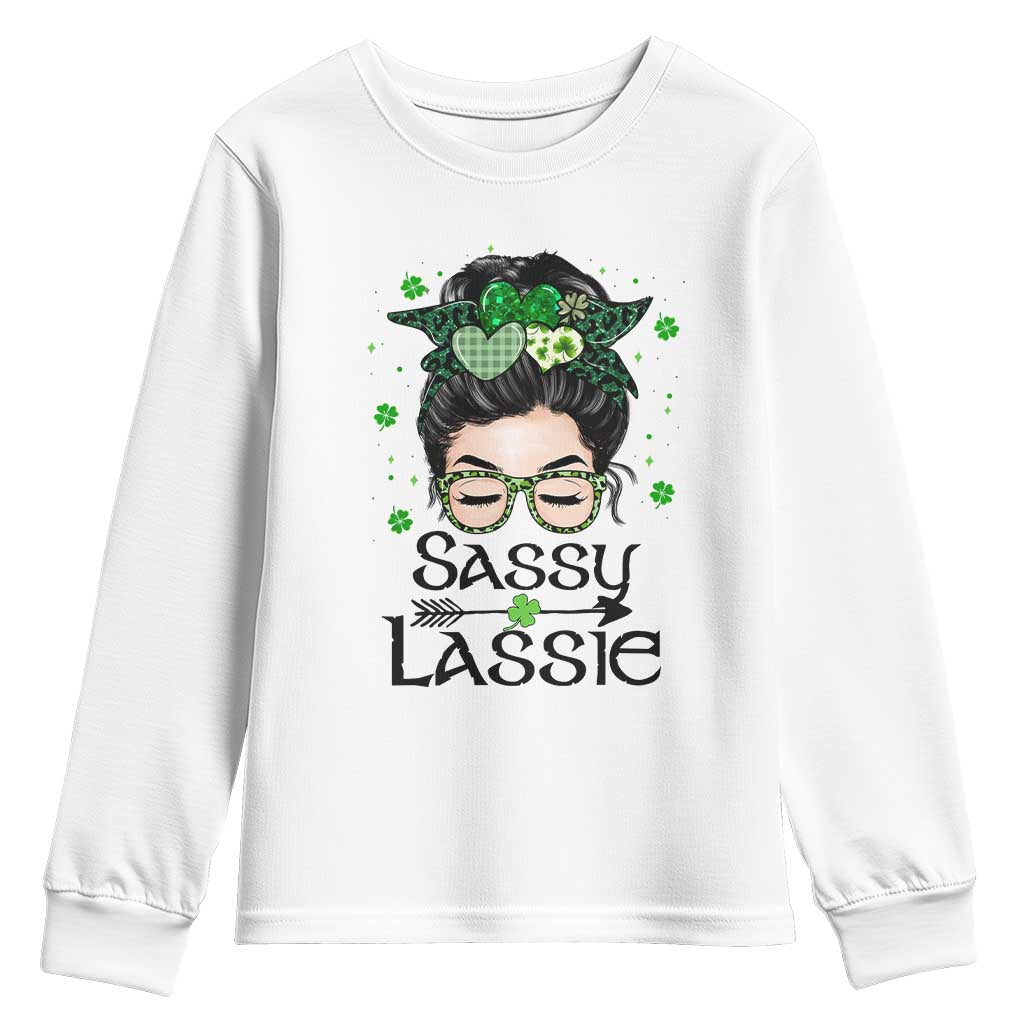 Lucky Sassy Lassie Messy Bun Youth Sweatshirt Funny St Patricks Day TS02 White Print Your Wear