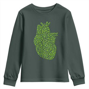 Lucky Shamrocks Heart Youth Sweatshirt Anatomical Anatomy St Patrick's Day TS02 Dark Forest Green Print Your Wear