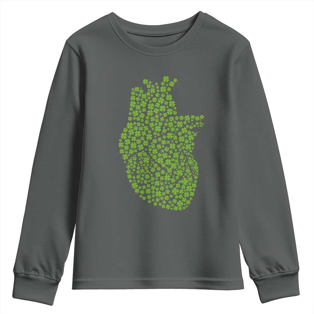 Lucky Shamrocks Heart Youth Sweatshirt Anatomical Anatomy St Patrick's Day TS02 Dark Heather Print Your Wear