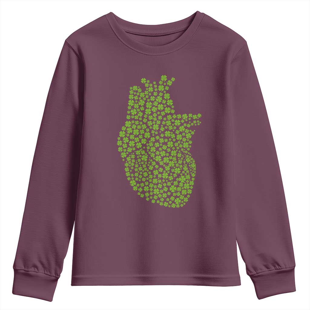 Lucky Shamrocks Heart Youth Sweatshirt Anatomical Anatomy St Patrick's Day TS02 Maroon Print Your Wear