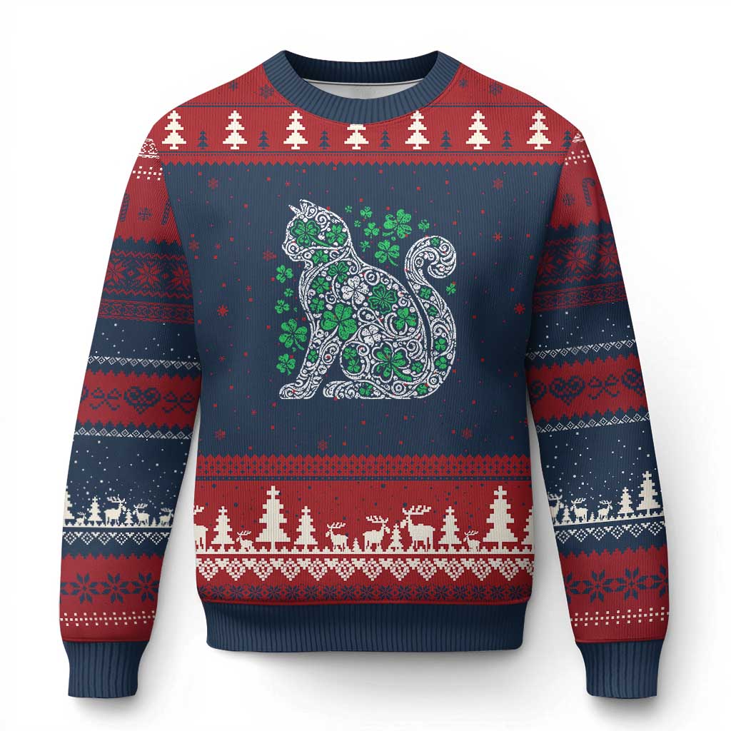 Irish Shamrock Cat Graphic Ugly Christmas Sweater Saint Patrick Day for Cat Lovers TS02 Navy Red Print Your Wear