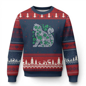 Irish Shamrock Cat Graphic Ugly Christmas Sweater Saint Patrick Day for Cat Lovers TS02 Navy Red Print Your Wear