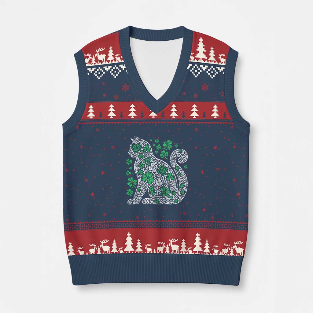 Irish Shamrock Cat Graphic V-Neck Knit Sweater Vest Saint Patrick Day for Cat Lovers TS02 Navy Red Print Your Wear