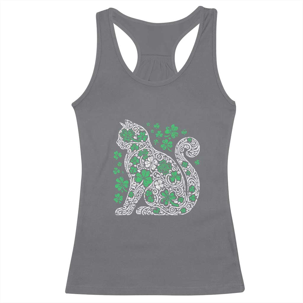 Irish Shamrock Cat Graphic Racerback Tank Top Saint Patrick Day for Cat Lovers TS02 Charcoal Print Your Wear