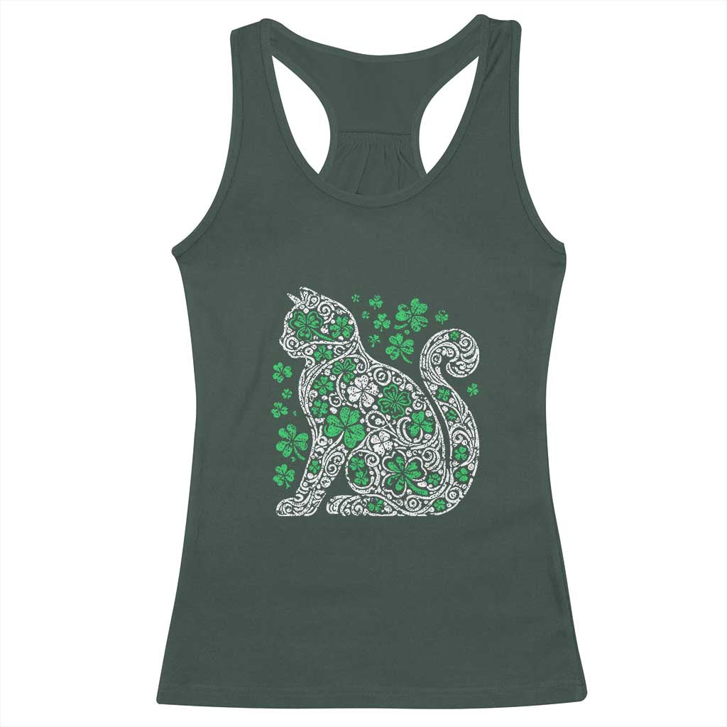 Irish Shamrock Cat Graphic Racerback Tank Top Saint Patrick Day for Cat Lovers TS02 Dark Forest Green Print Your Wear