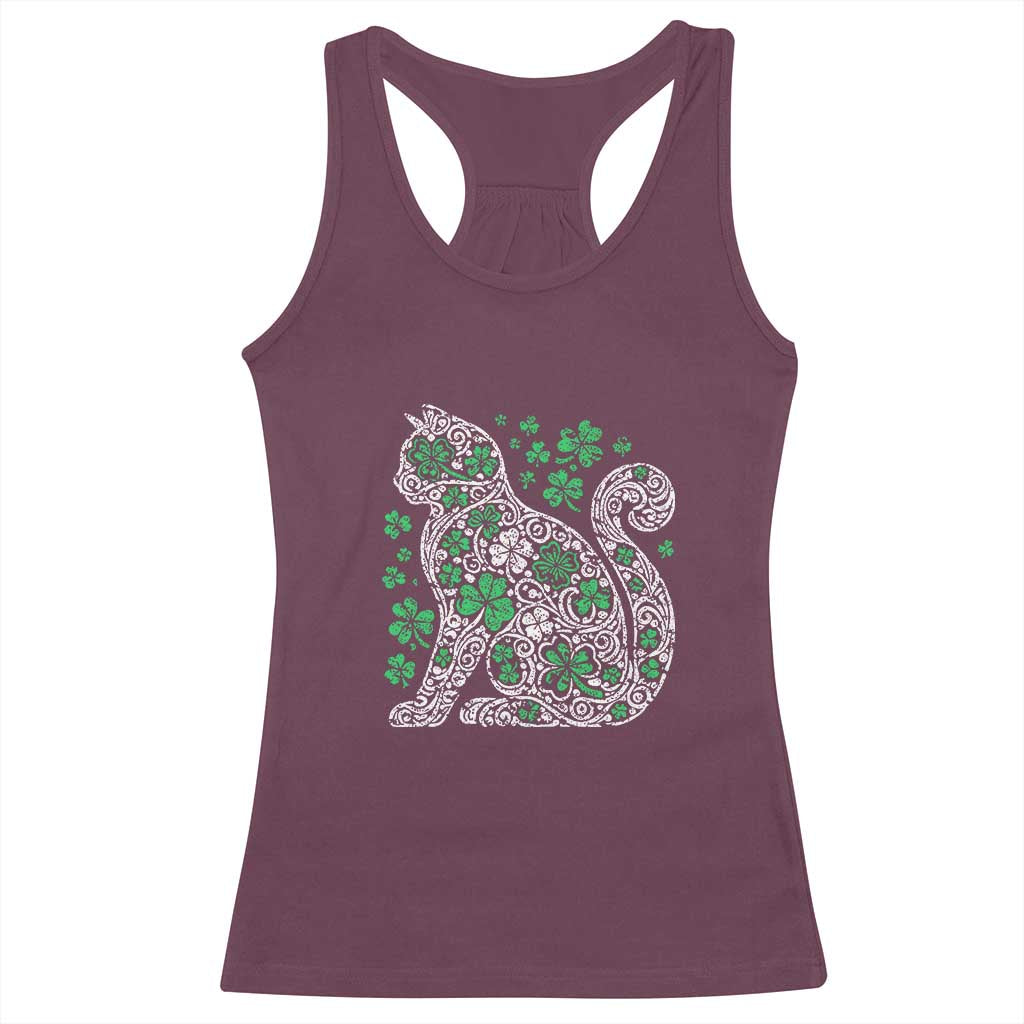 Irish Shamrock Cat Graphic Racerback Tank Top Saint Patrick Day for Cat Lovers TS02 Maroon Print Your Wear
