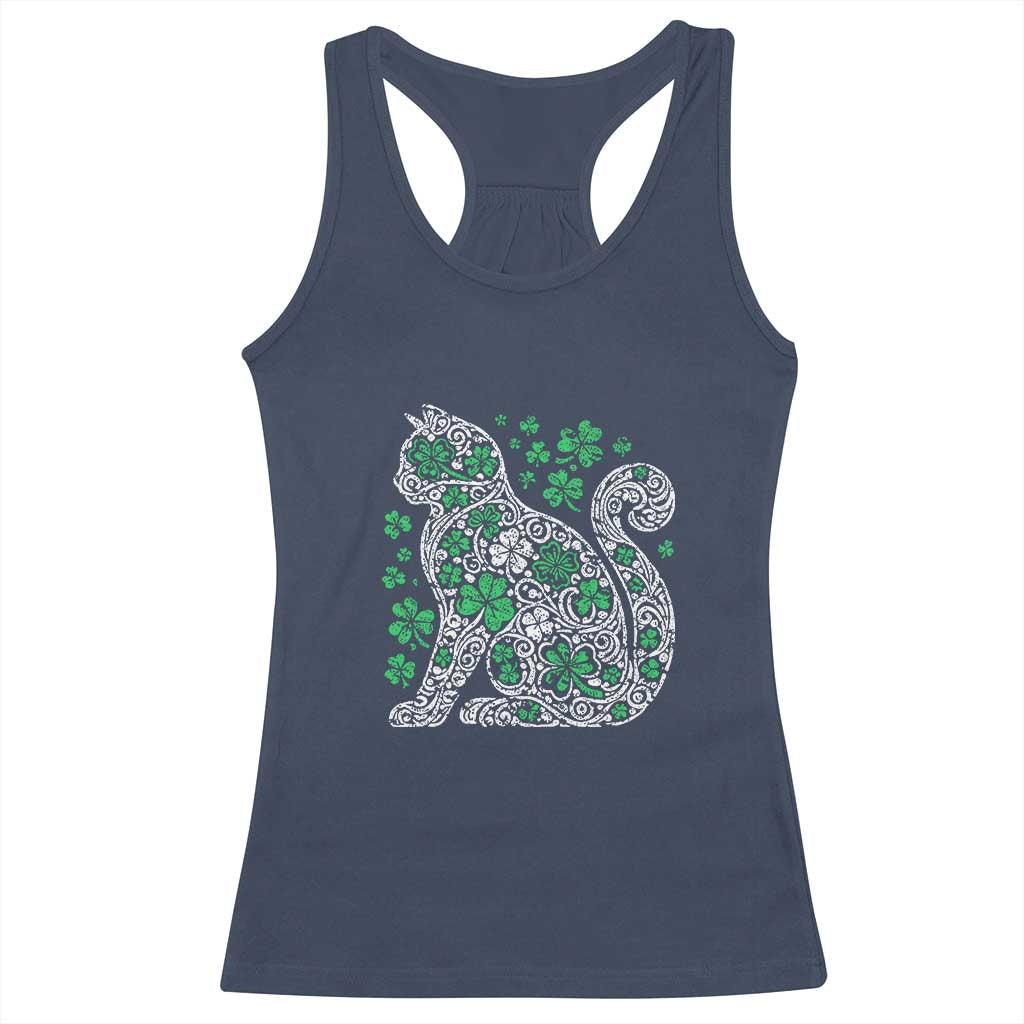 Irish Shamrock Cat Graphic Racerback Tank Top Saint Patrick Day for Cat Lovers TS02 Navy Print Your Wear