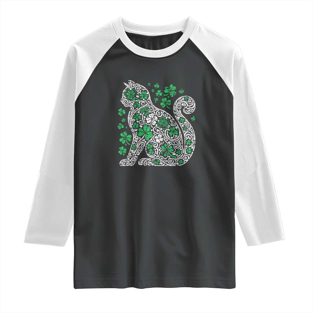 Irish Shamrock Cat Graphic Raglan Shirt Saint Patrick Day for Cat Lovers TS02 Black White Print Your Wear