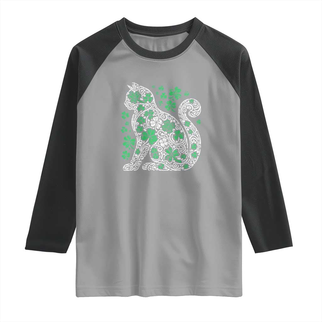 Irish Shamrock Cat Graphic Raglan Shirt Saint Patrick Day for Cat Lovers TS02 Sport Gray Black Print Your Wear