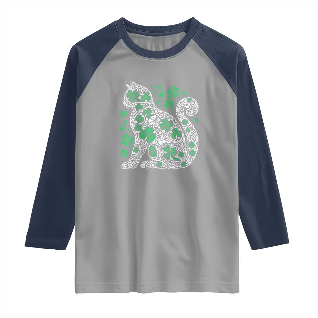 Irish Shamrock Cat Graphic Raglan Shirt Saint Patrick Day for Cat Lovers TS02 Sport Gray Navy Print Your Wear