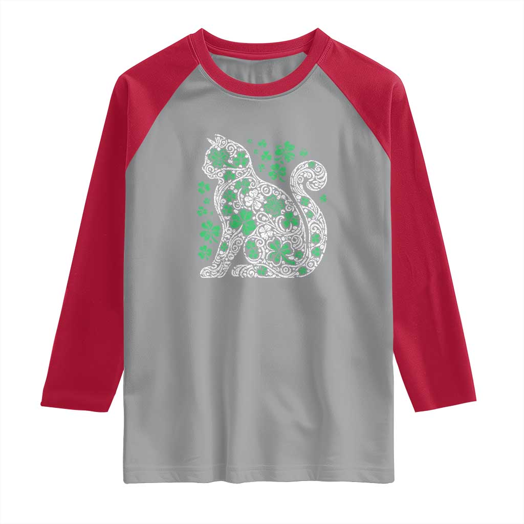 Irish Shamrock Cat Graphic Raglan Shirt Saint Patrick Day for Cat Lovers TS02 Sport Gray Red Print Your Wear