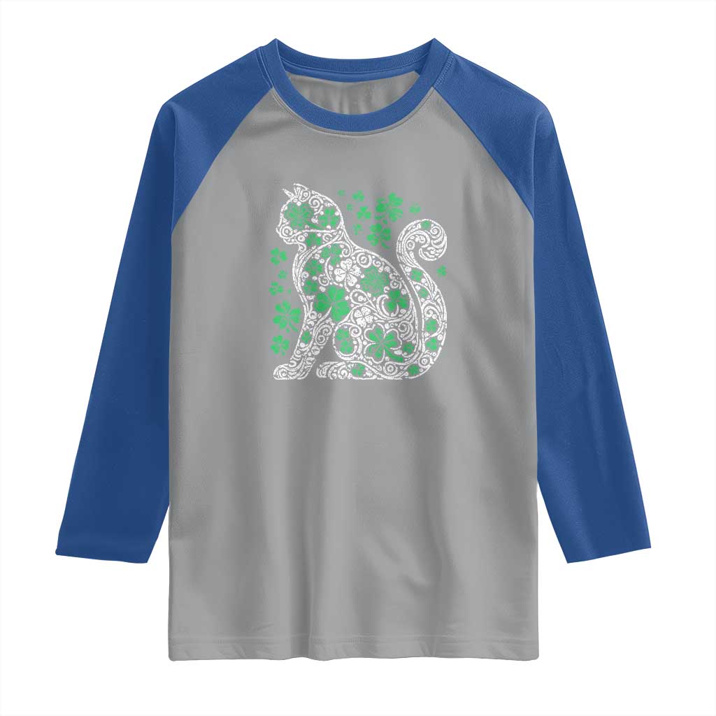 Irish Shamrock Cat Graphic Raglan Shirt Saint Patrick Day for Cat Lovers TS02 Sport Gray Royal Print Your Wear