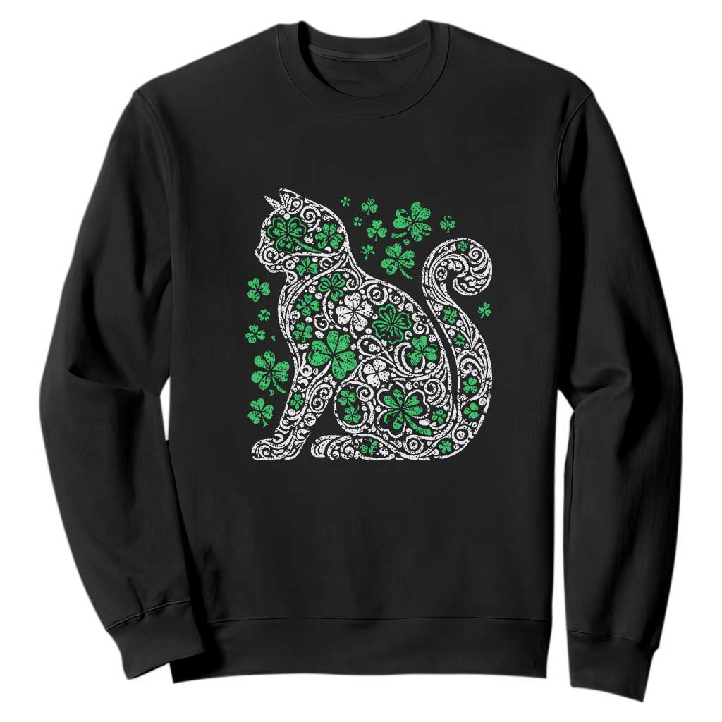 Irish Shamrock Cat Graphic Sweatshirt Saint Patrick Day for Cat Lovers TS02 Black Print Your Wear