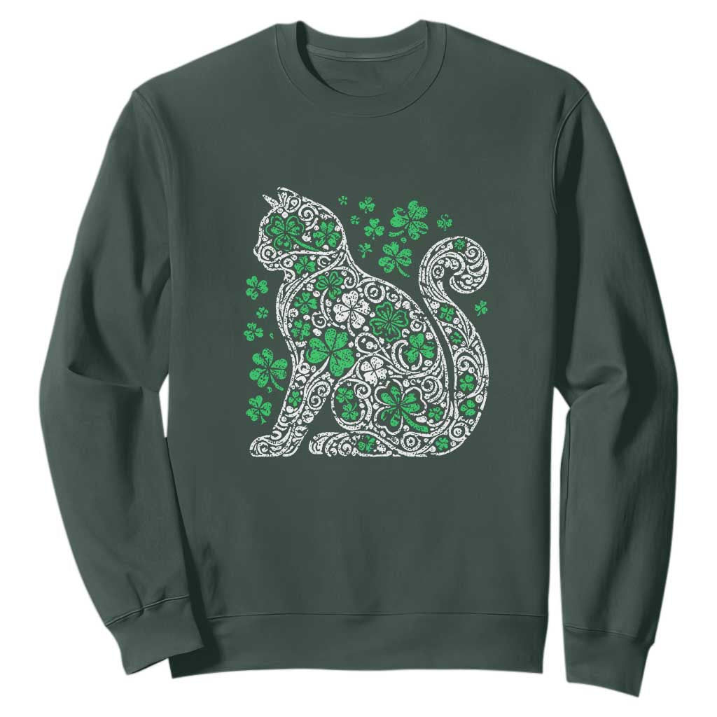 Irish Shamrock Cat Graphic Sweatshirt Saint Patrick Day for Cat Lovers TS02 Dark Forest Green Print Your Wear