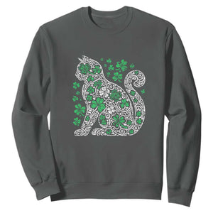 Irish Shamrock Cat Graphic Sweatshirt Saint Patrick Day for Cat Lovers TS02 Dark Heather Print Your Wear