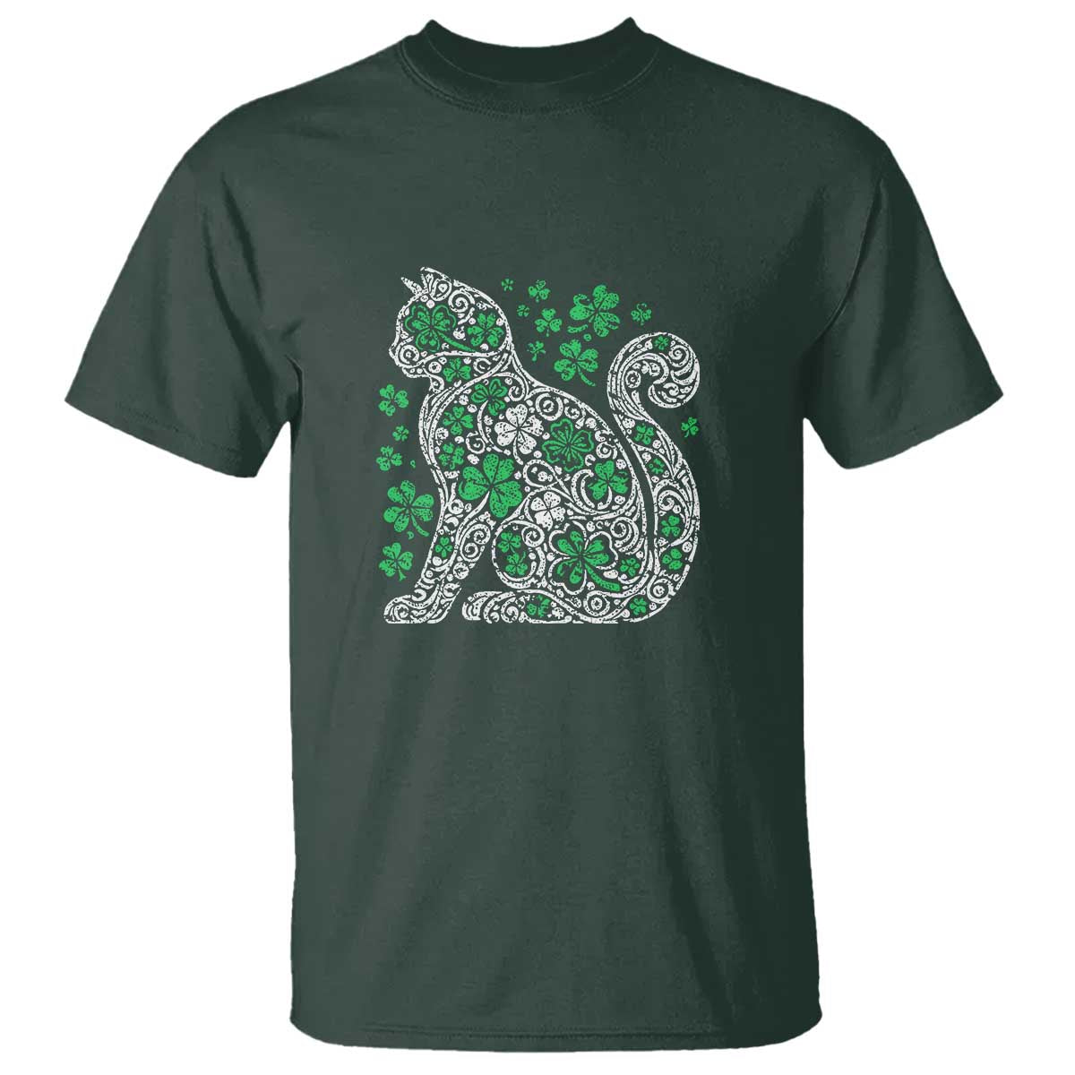 Irish Shamrock Cat Graphic T Shirt Saint Patrick Day for Cat Lovers TS02 Dark Forest Green Print Your Wear