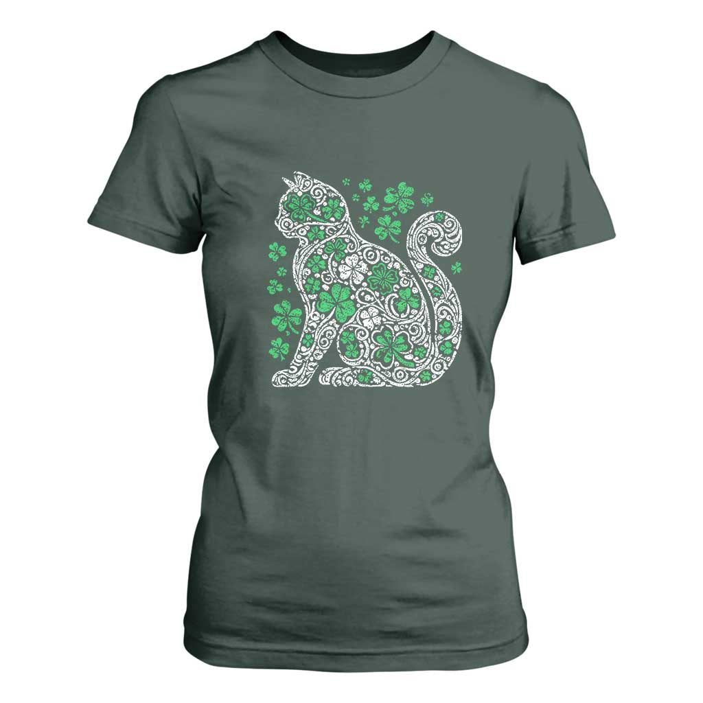 Irish Shamrock Cat Graphic T Shirt For Women Saint Patrick Day for Cat Lovers TS02 Dark Forest Green Print Your Wear