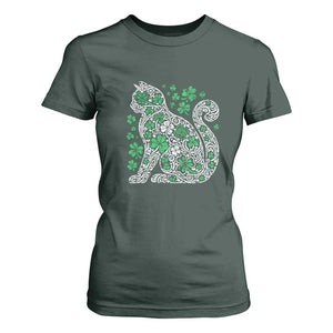 Irish Shamrock Cat Graphic T Shirt For Women Saint Patrick Day for Cat Lovers TS02 Dark Forest Green Print Your Wear