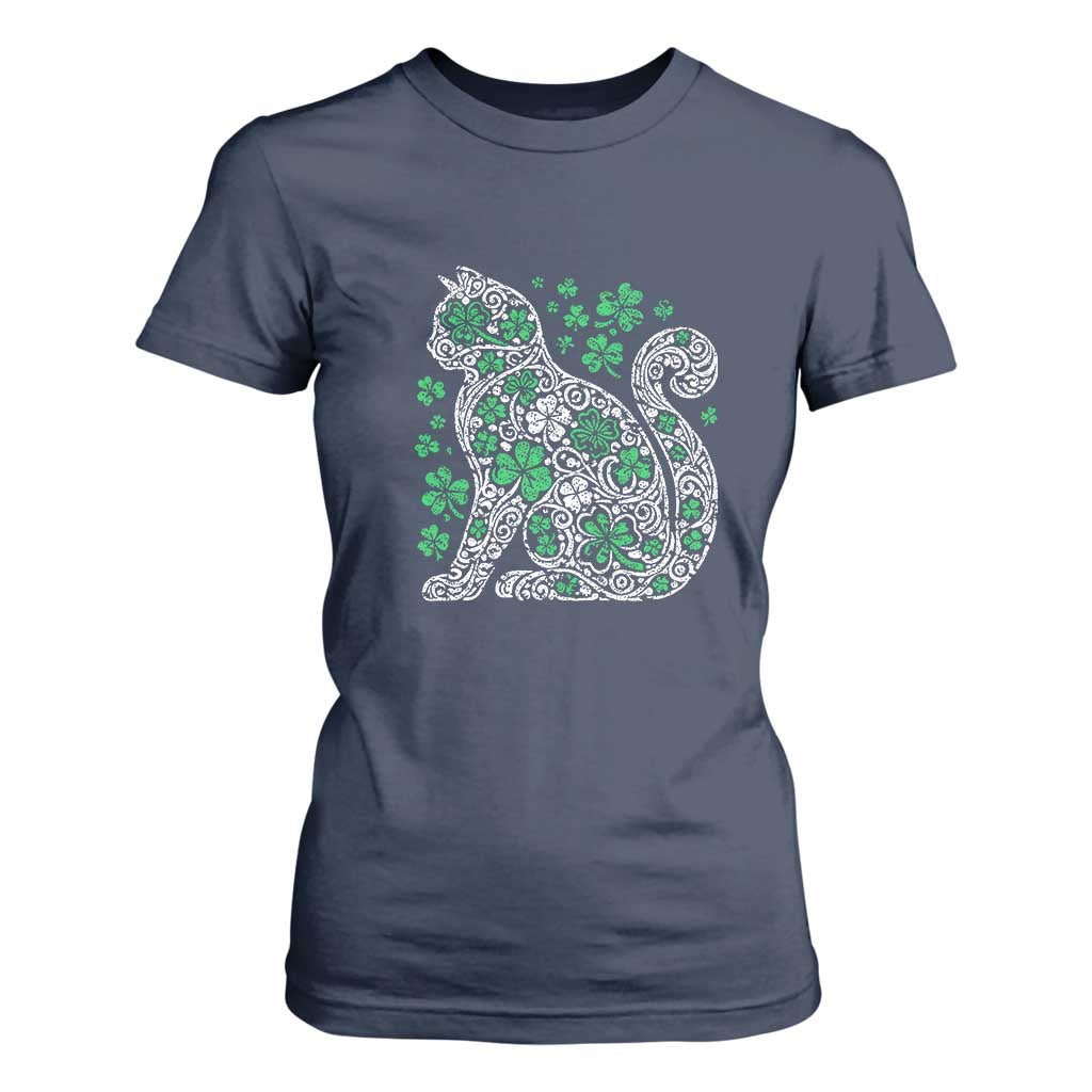 Irish Shamrock Cat Graphic T Shirt For Women Saint Patrick Day for Cat Lovers TS02 Navy Print Your Wear