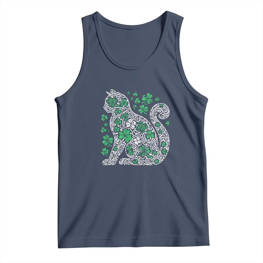 Irish Shamrock Cat Graphic Tank Top Saint Patrick Day for Cat Lovers TS02 Navy Print Your Wear