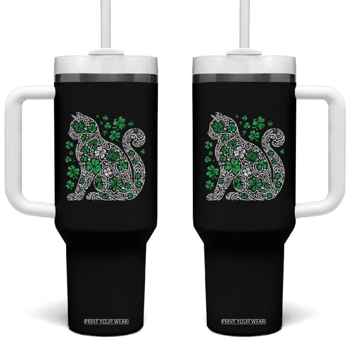 Irish Shamrock Cat Graphic Tumbler With Handle Saint Patrick Day for Cat Lovers TS02 One Size: 40 oz Black Print Your Wear