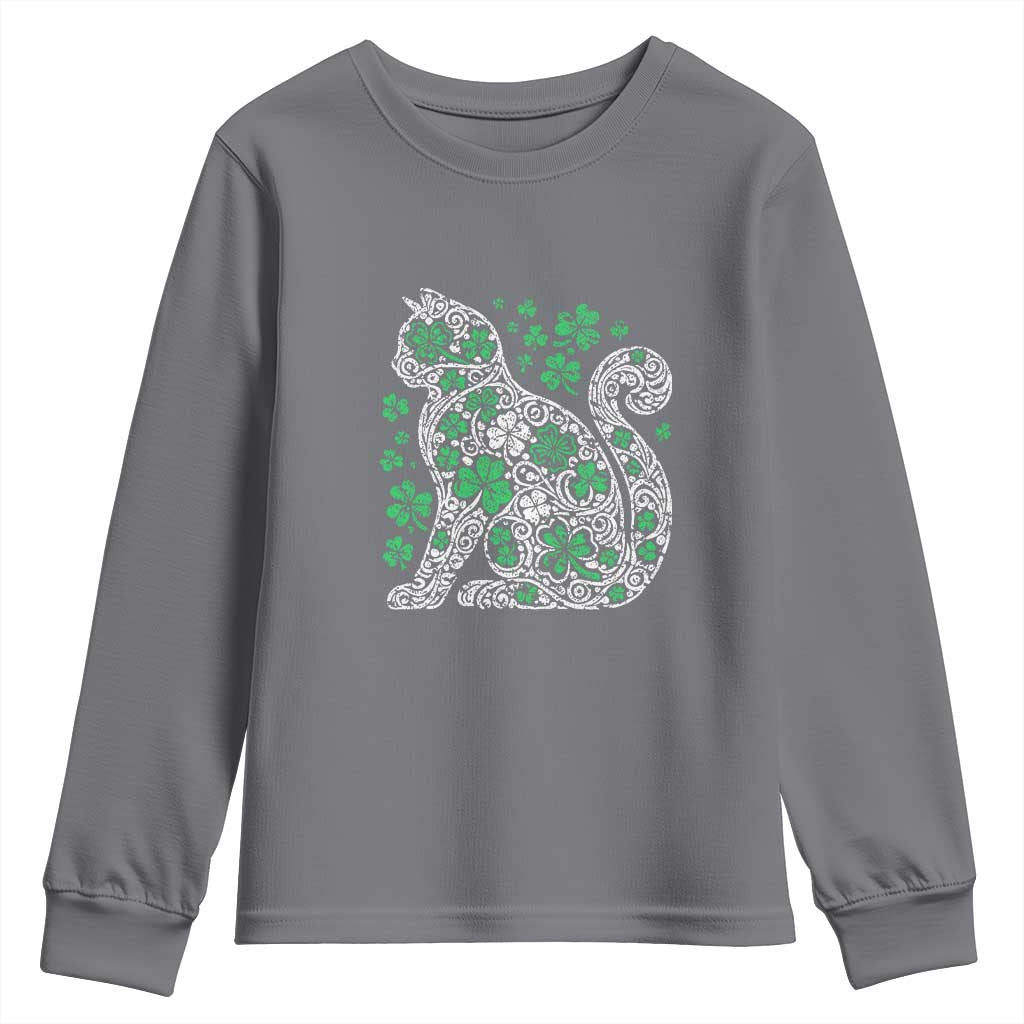 Irish Shamrock Cat Graphic Youth Sweatshirt Saint Patrick Day for Cat Lovers TS02 Charcoal Print Your Wear