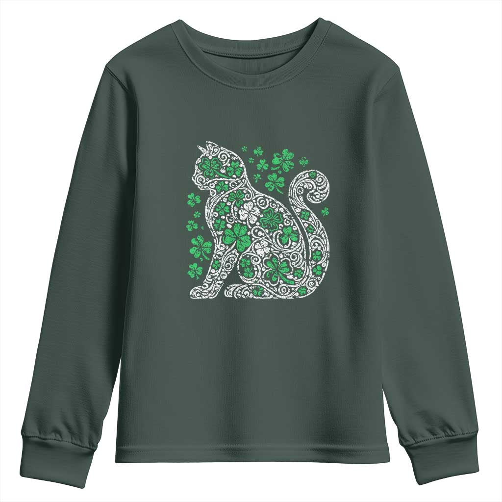 Irish Shamrock Cat Graphic Youth Sweatshirt Saint Patrick Day for Cat Lovers TS02 Dark Forest Green Print Your Wear