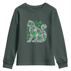 Irish Shamrock Cat Graphic Youth Sweatshirt Saint Patrick Day for Cat Lovers TS02 Dark Forest Green Print Your Wear