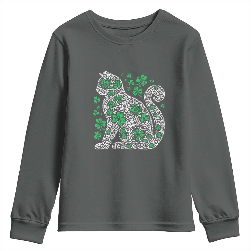 Irish Shamrock Cat Graphic Youth Sweatshirt Saint Patrick Day for Cat Lovers TS02 Dark Heather Print Your Wear