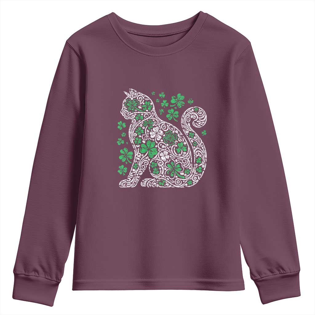 Irish Shamrock Cat Graphic Youth Sweatshirt Saint Patrick Day for Cat Lovers TS02 Maroon Print Your Wear