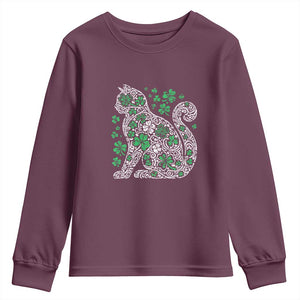 Irish Shamrock Cat Graphic Youth Sweatshirt Saint Patrick Day for Cat Lovers TS02 Maroon Print Your Wear